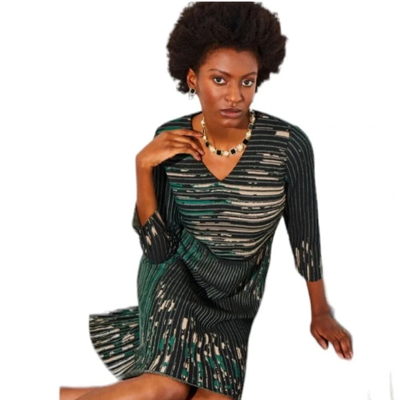 NWT Ming Wang Green and Black V-Neck Patterned Ribbed Soft Knit Dress L - Picture 5 of 13